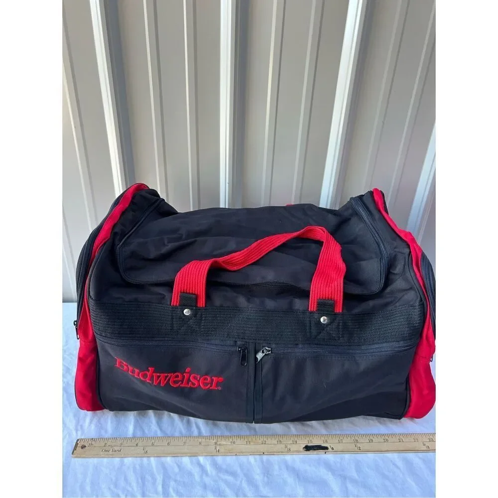 Budweiser duffle tote bag‎ black red 23x12x14 adj strap